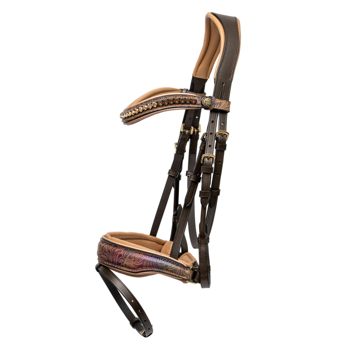 Kaleidoscope Brown Leather Tooled Leather Snaffle Bridle w/ Rose Gold Piping