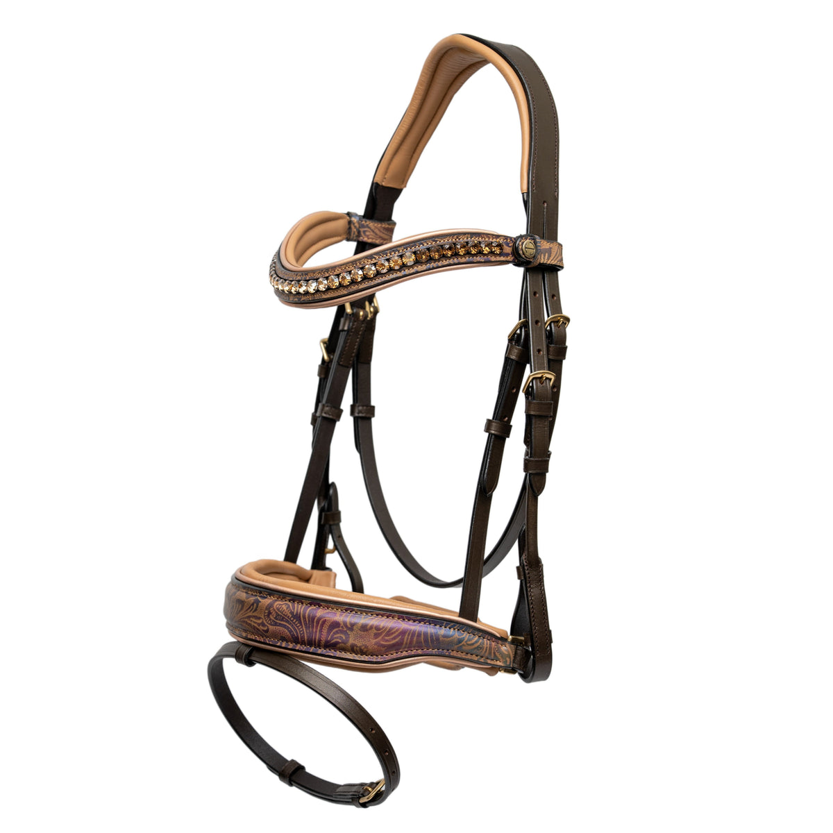 Kaleidoscope Brown Leather Tooled Leather Snaffle Bridle w/ Rose Gold Piping
