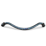 Slimline black leather wave shaped, curved browband with blue crystals.  Handmade luxury dressage browband.
