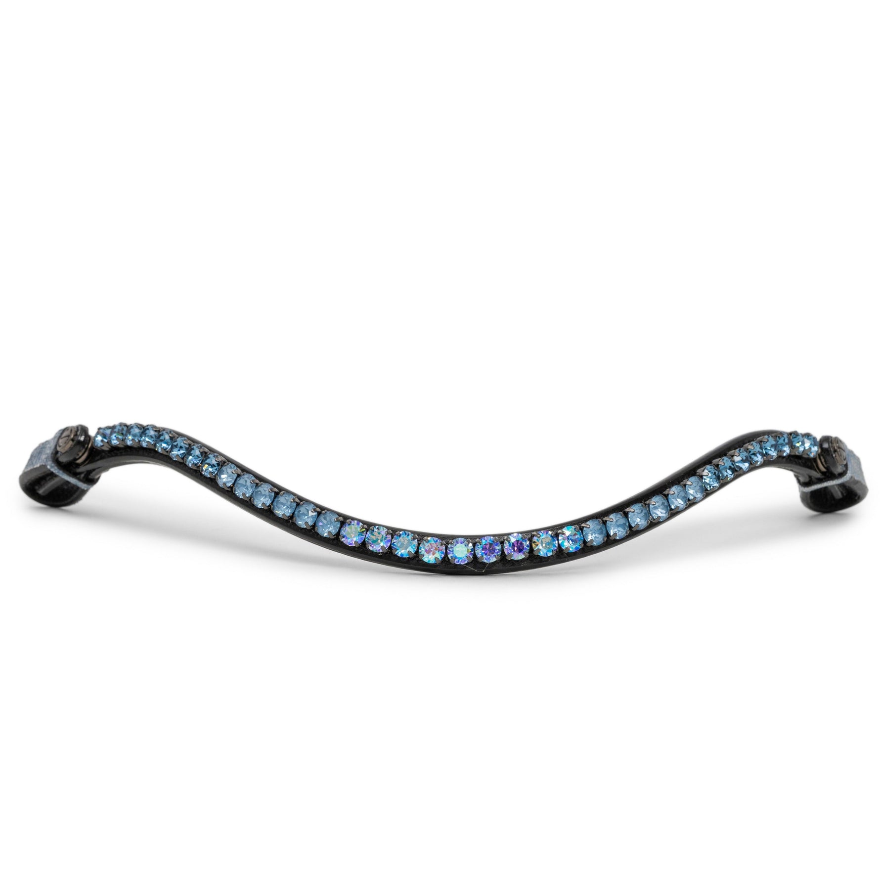 Slimline black leather wave shaped, curved browband with blue crystals.  Handmade luxury dressage browband.