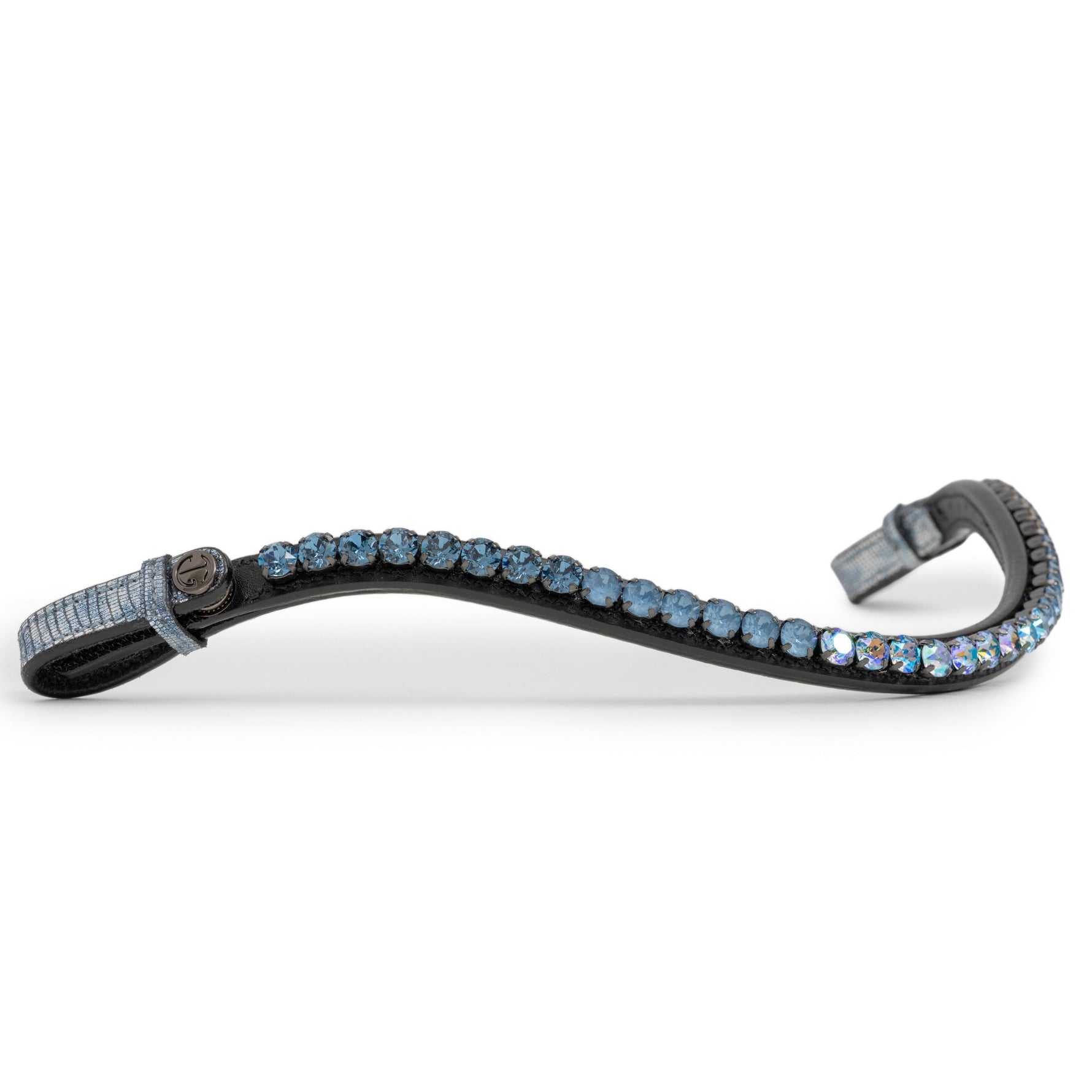 Custom black leather slimline browband with blue austrian crystals