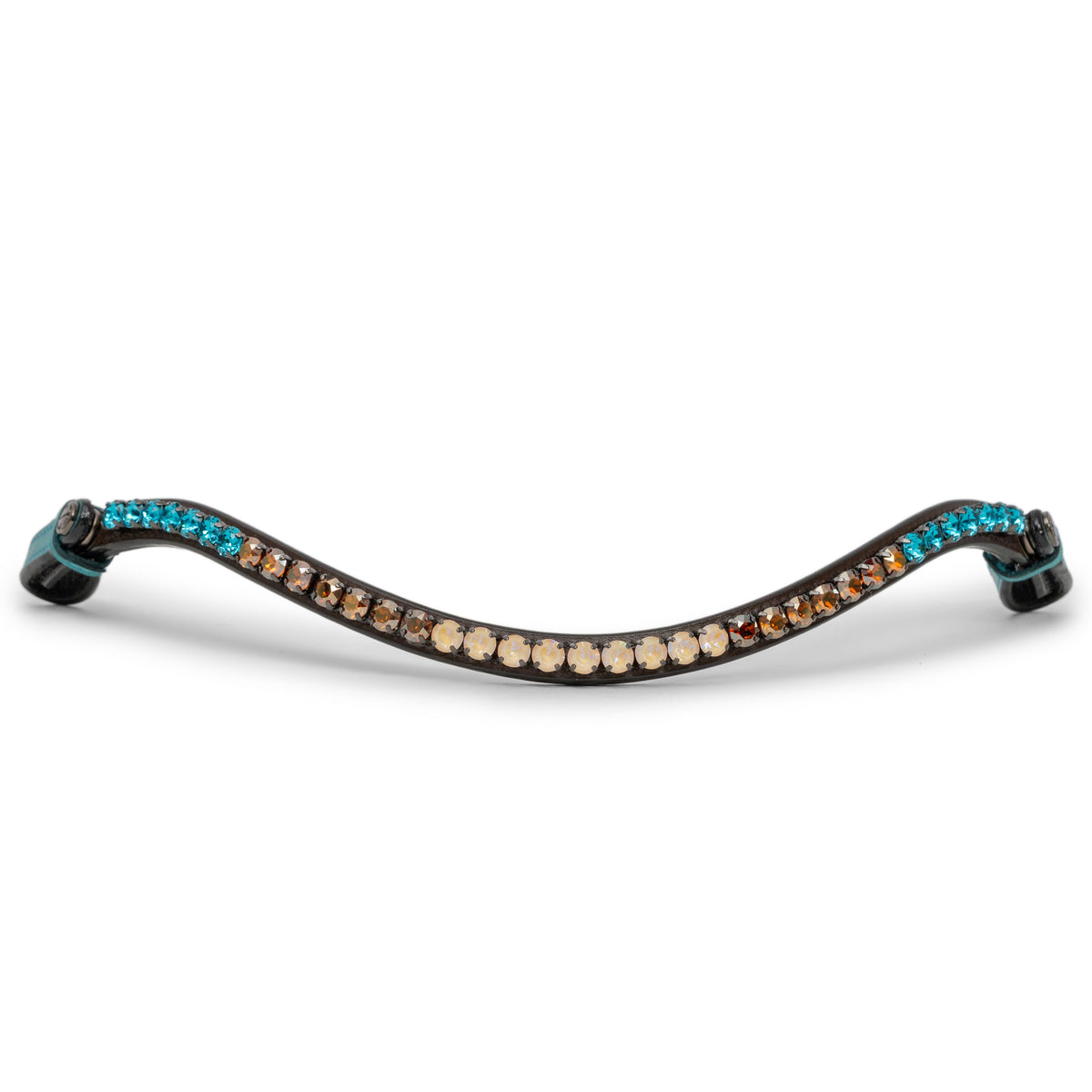 Decorative equestrian browband with multicolored crystals on a white background
