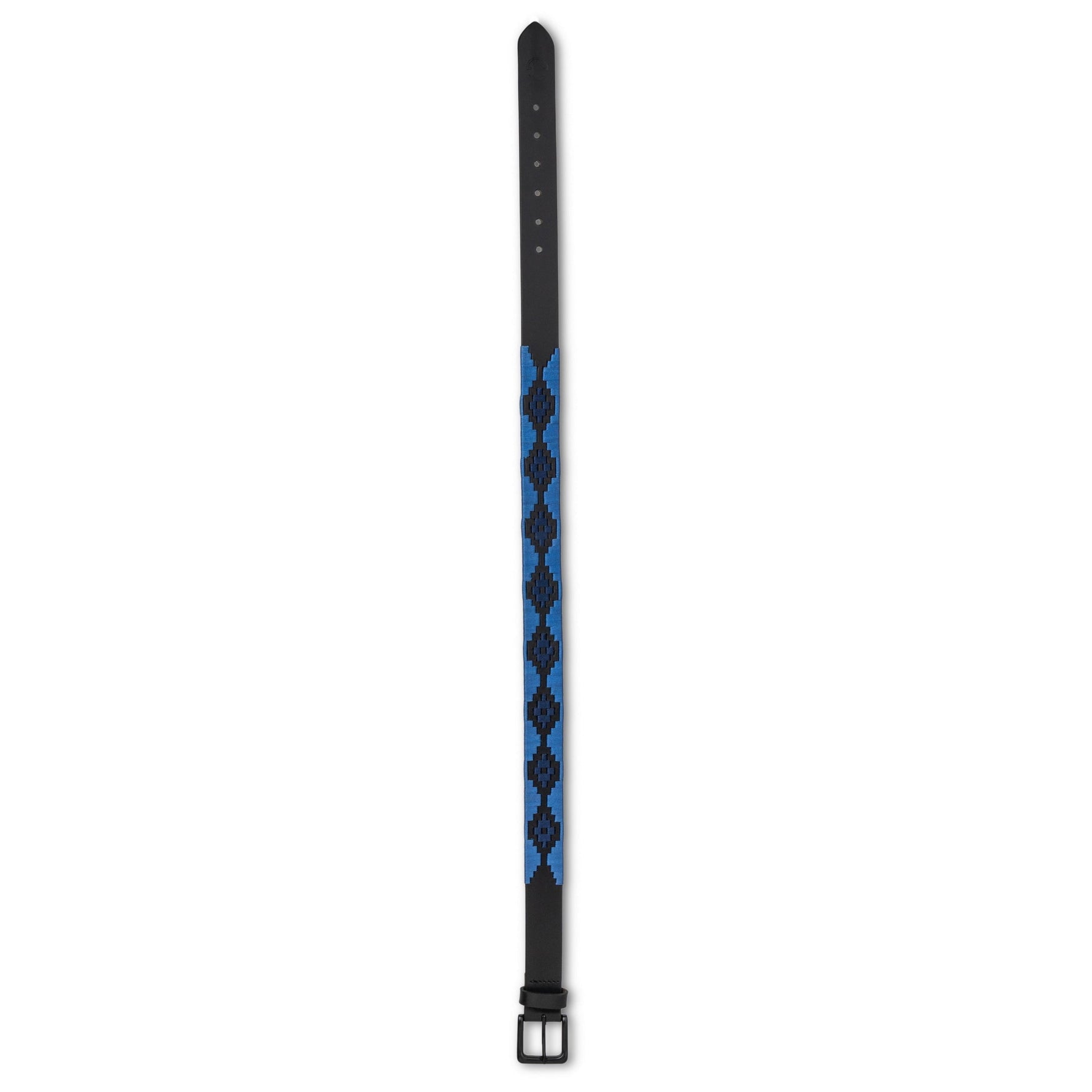 Black leather polo belt with blue pattern on a white background