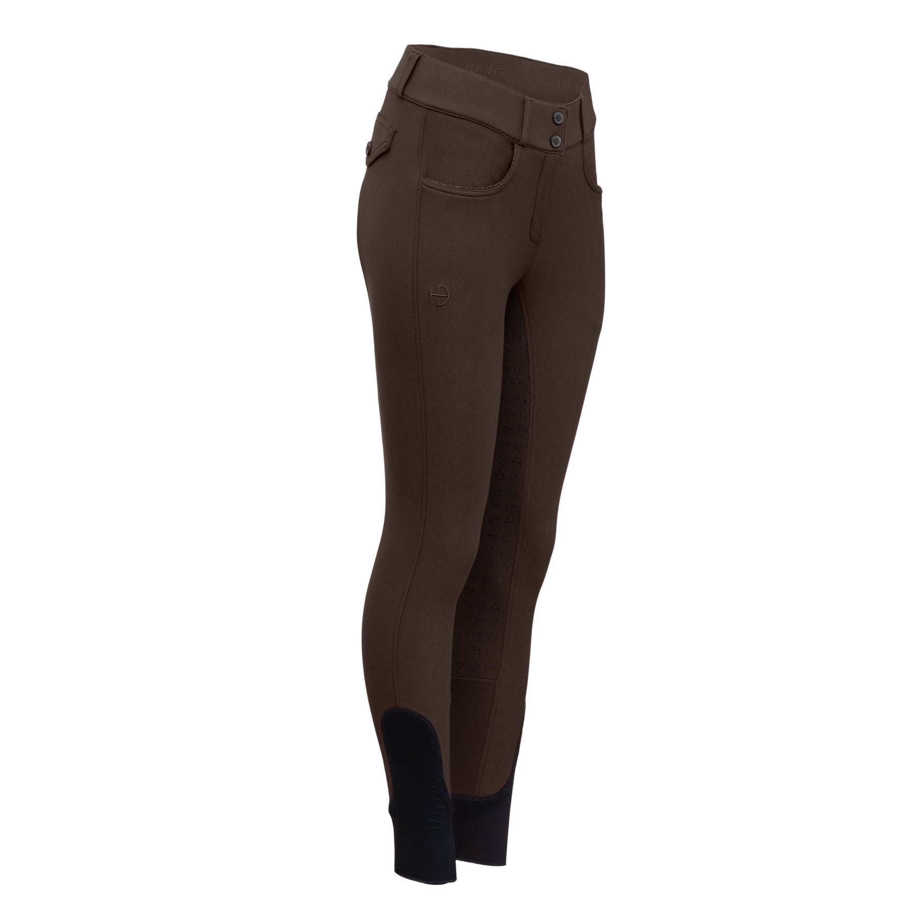 Brown riding pants with black boot tops on a white background