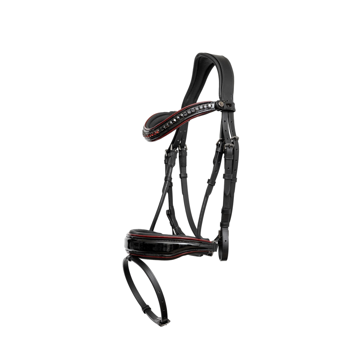 The Hayworth - Black Patent Snaffle with Burgundy Patent Piping & Removable Flash