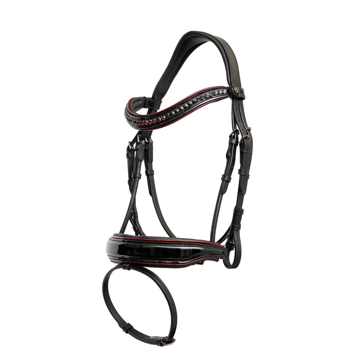 The Hayworth - Black Patent Snaffle with Burgundy Patent Piping & Removable Flash