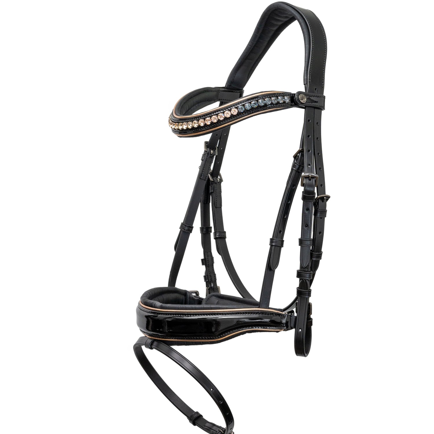 Black Patent Snaffle Bridle with Black "Denim" padding, black hardware & Metallic Rose Gold Piping.
