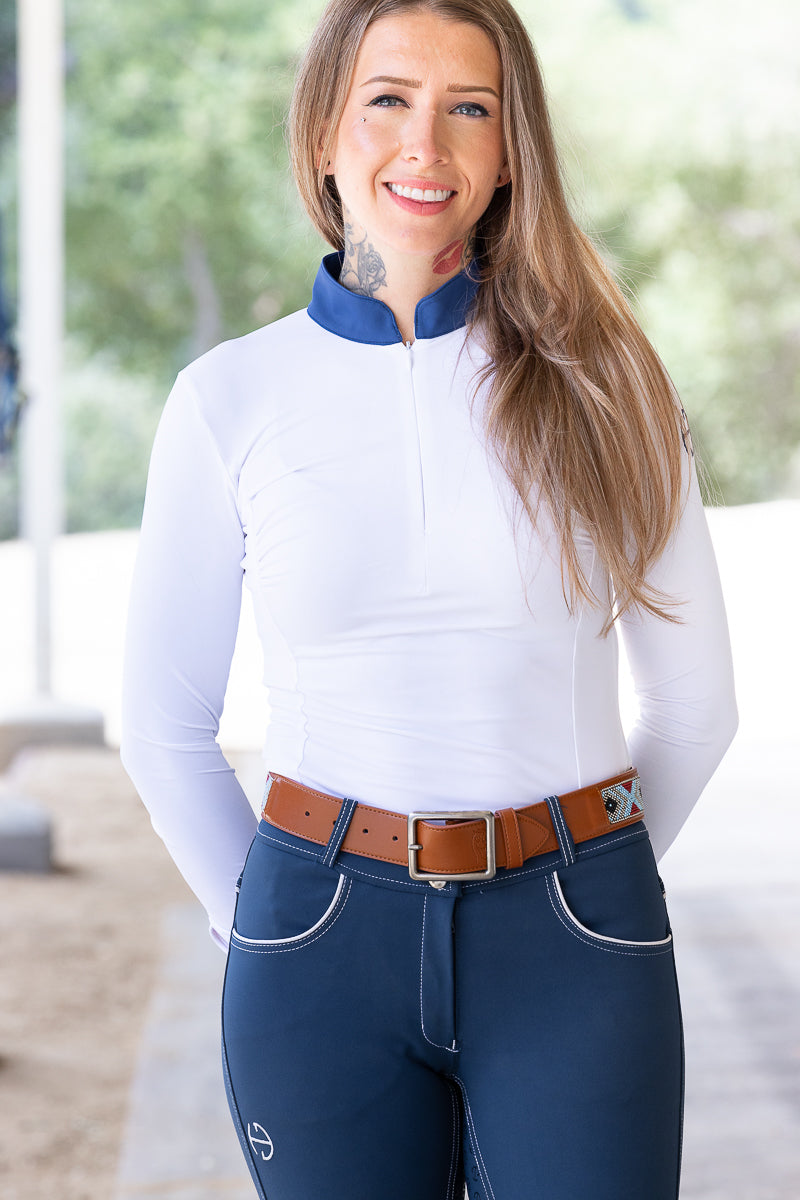 Roxana - White &amp; Cadet Blue Long Sleeve Riding Shirt
