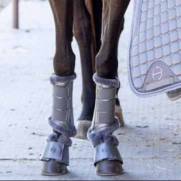 Woman holding a saddle pad next to a horse in an equestrian setting