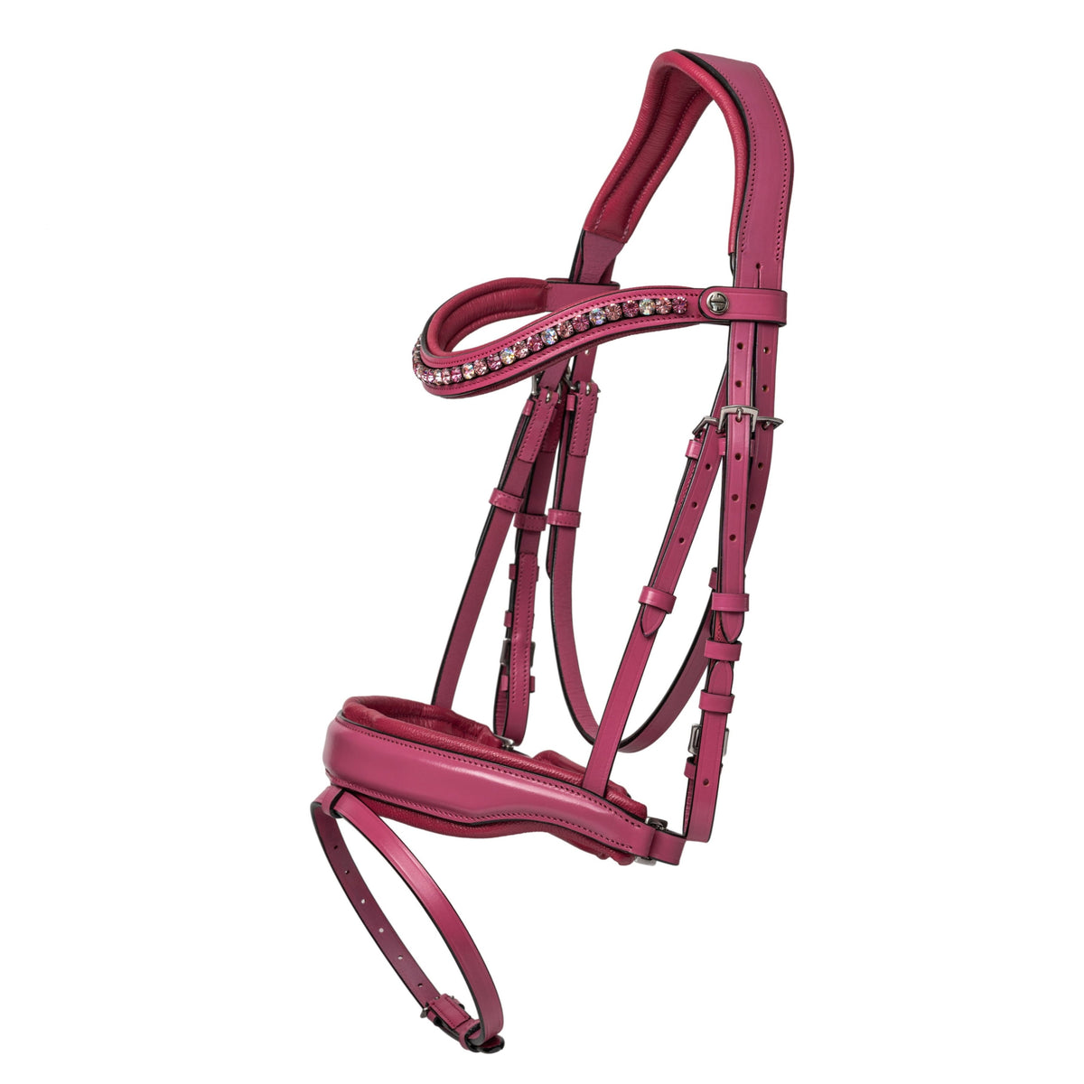Pink Barbie horse bridle with crystal browband on a white background