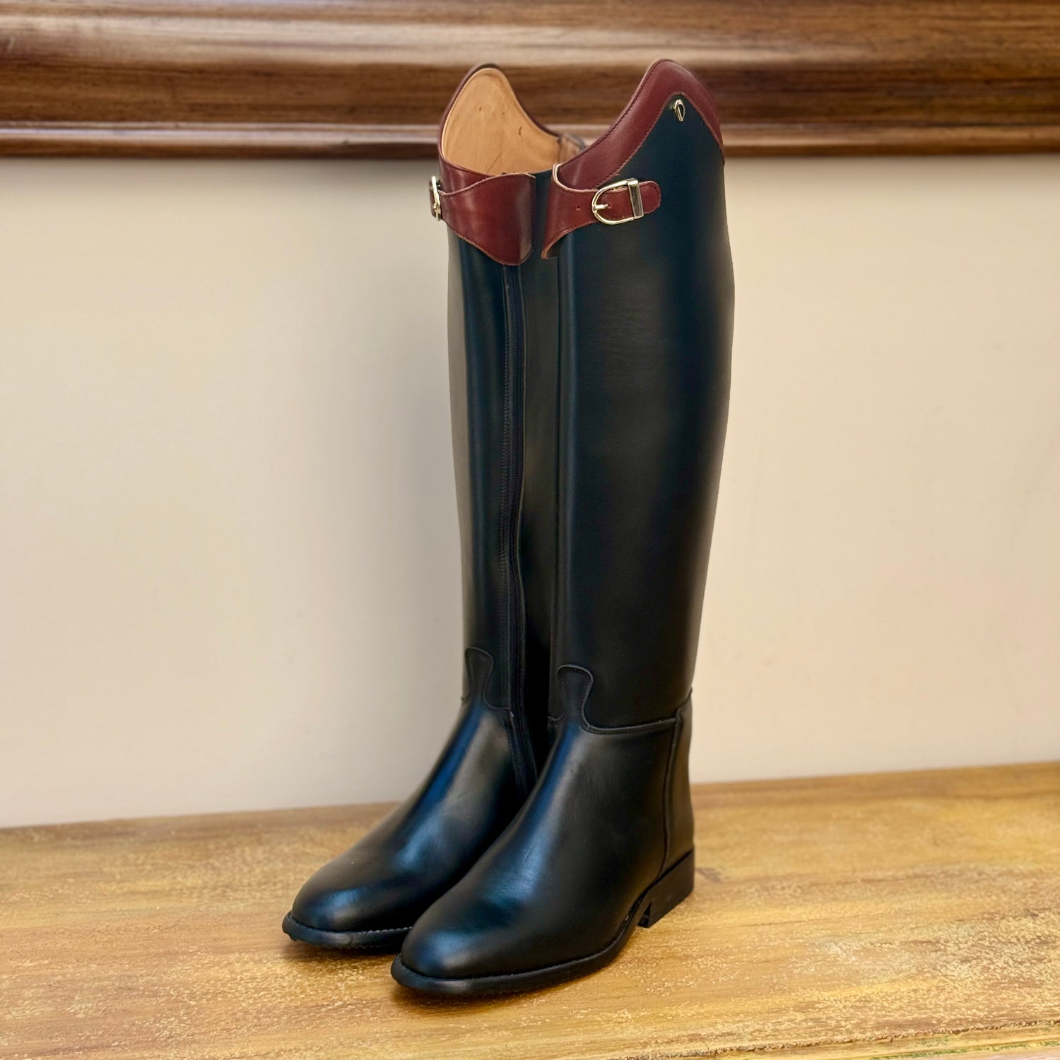 Derby Prestige Riding Boots - Black Leather with Chestnut Leather Top Design.