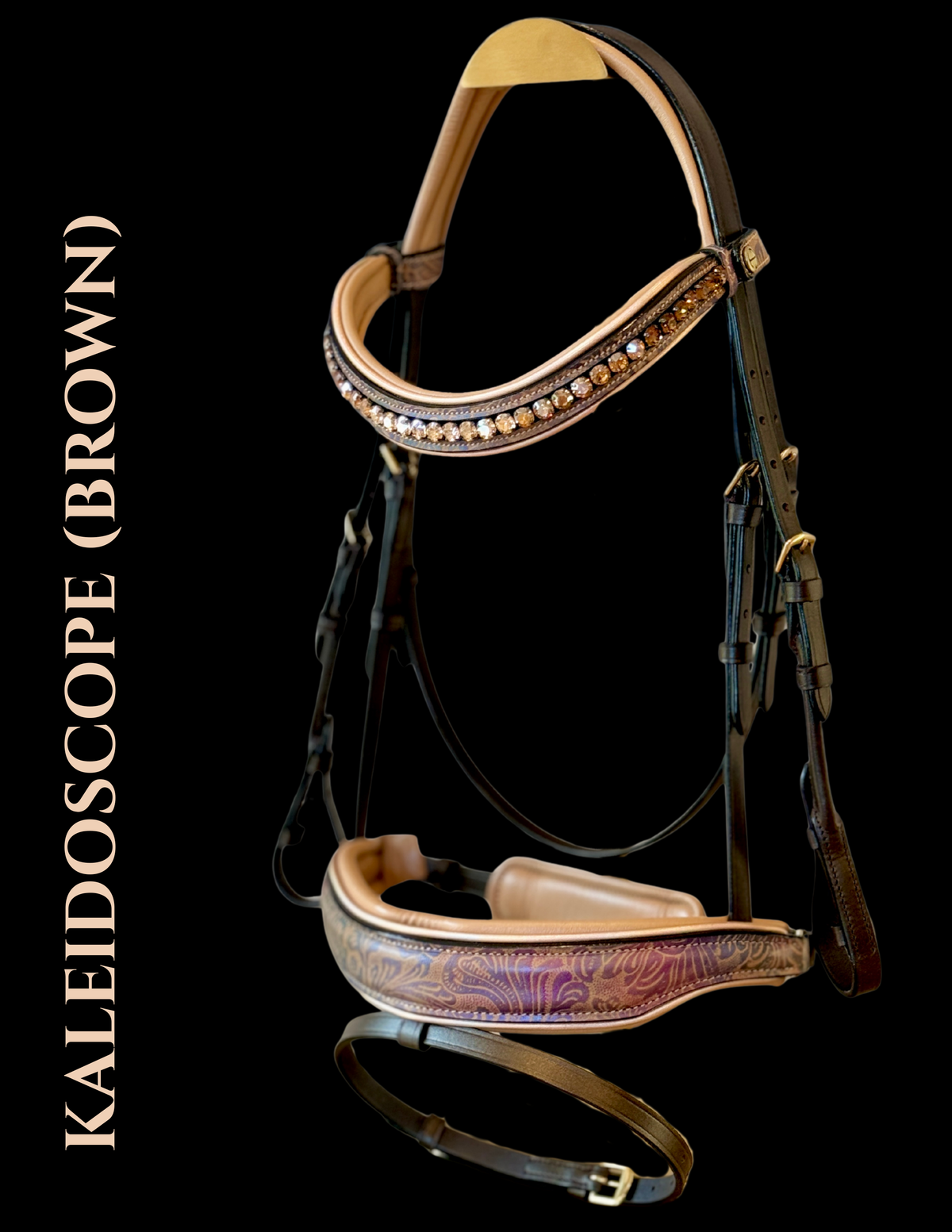Kaleidoscope Brown Leather Tooled Leather Snaffle Bridle w/ Rose Gold Piping