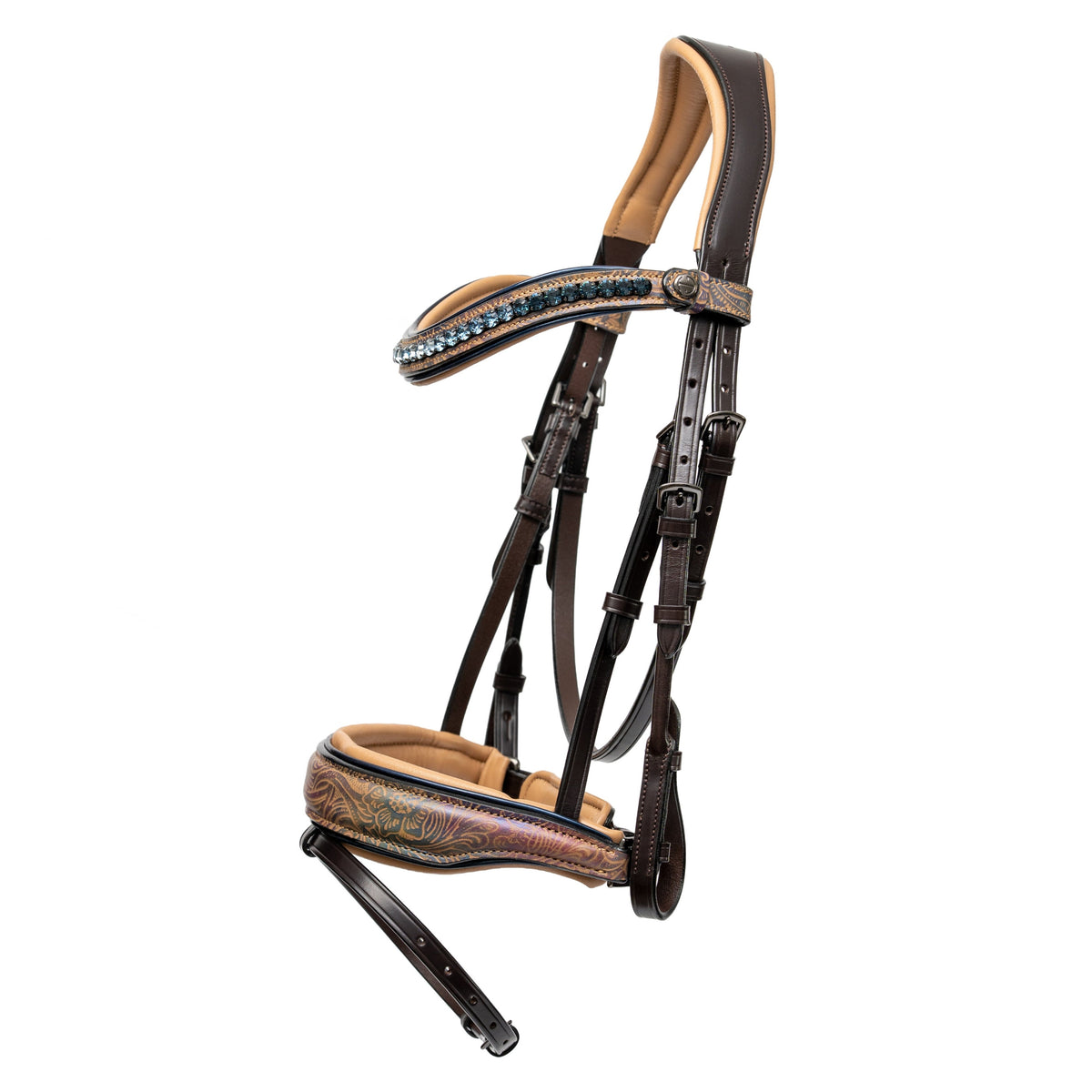 Kaleidoscope Tooled w/ Blue Patent Piping Leather Snaffle Bridle