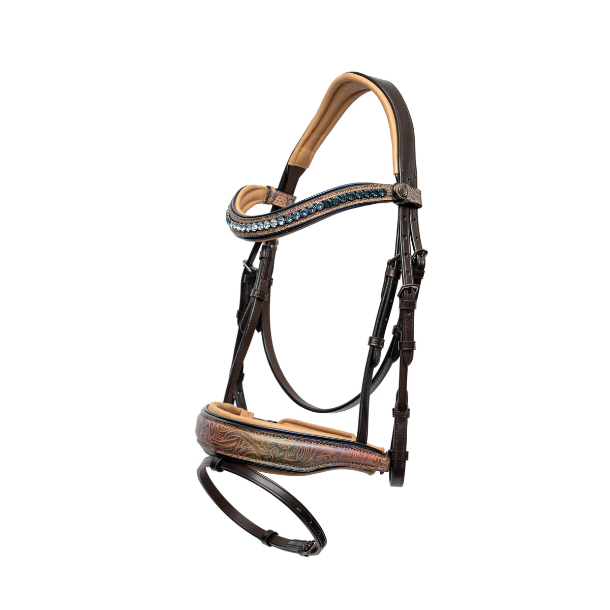 Kaleidoscope Tooled w/ Blue Patent Piping Leather Snaffle Bridle
