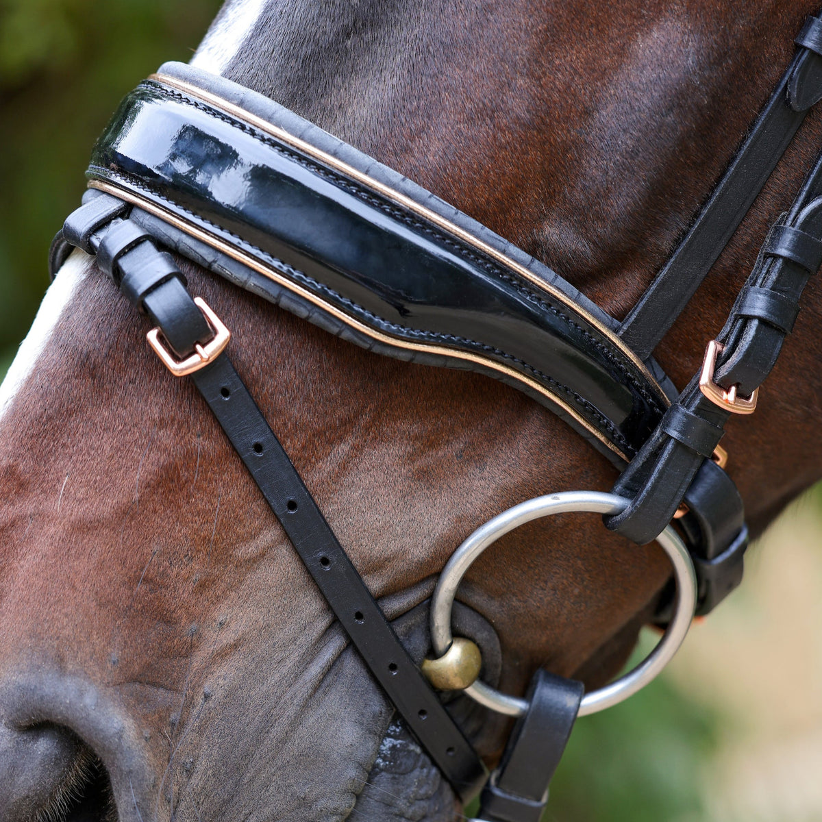 New Yorker Rose Gold Black Patent Snaffle Bridle