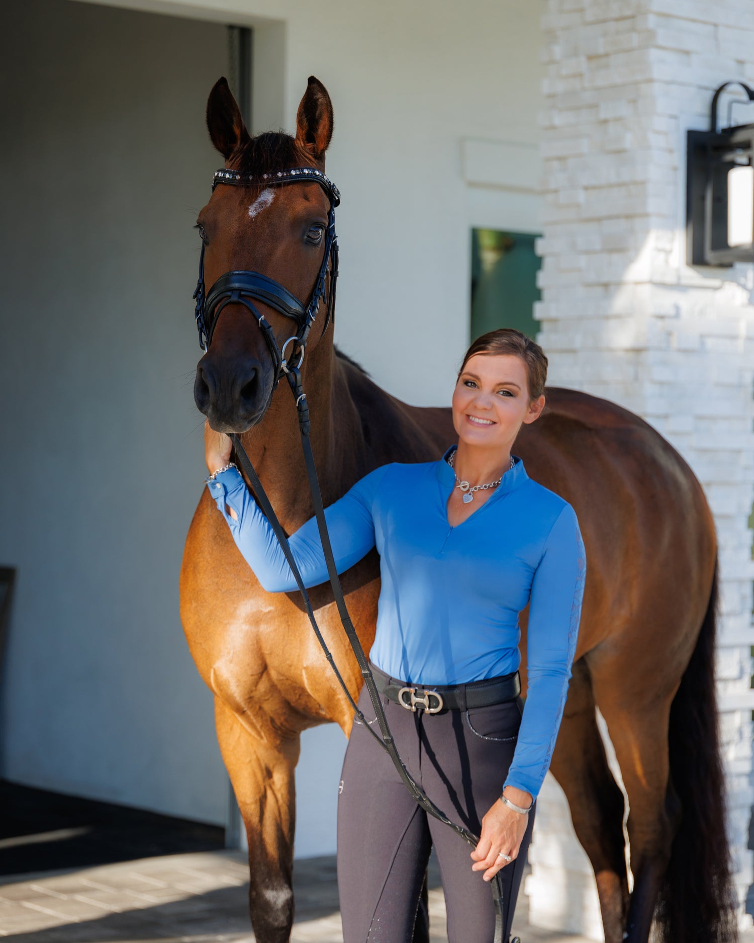 Maia Long Sleeve Lace Riding Top  - Sky Blue