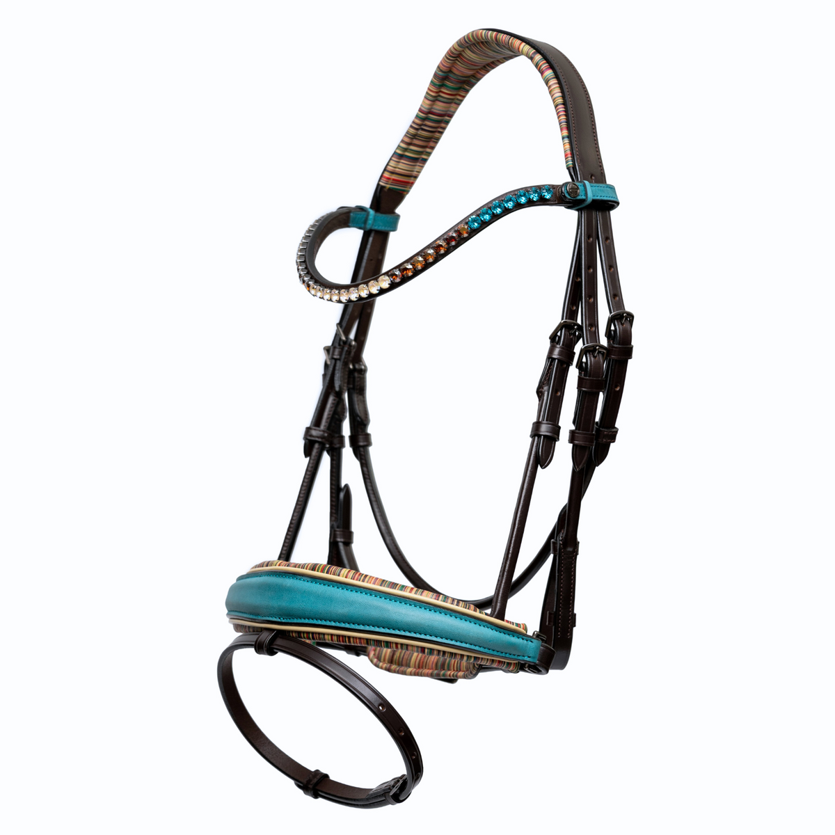 Horse bridle with teal padding on a white background