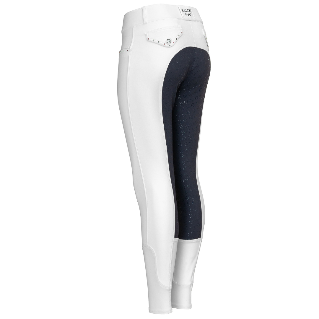 Crystal Evolution Mid Waist White with Navy Seat Competition Breeches