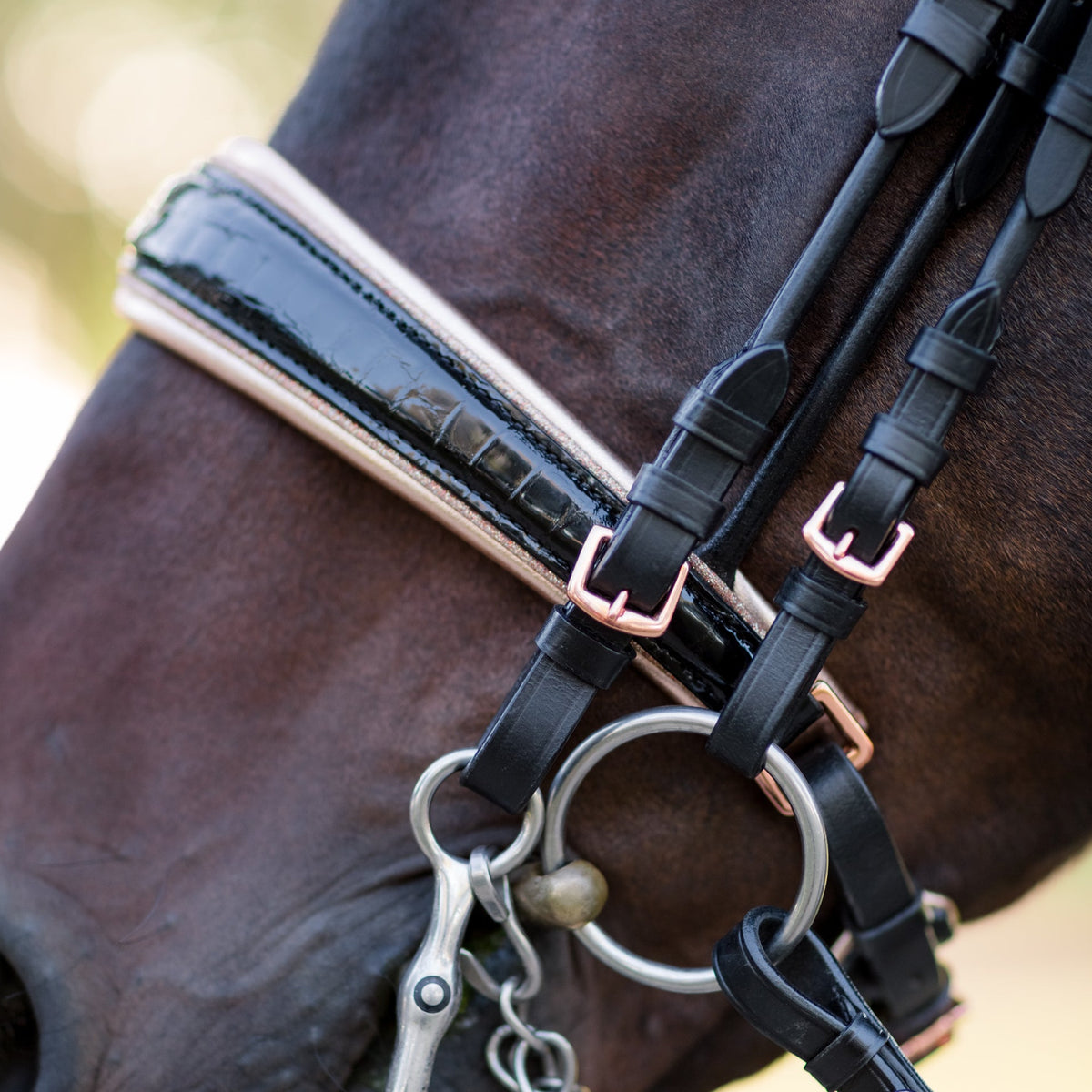 The Hollywood Black Patent Rose Gold Double Bridle