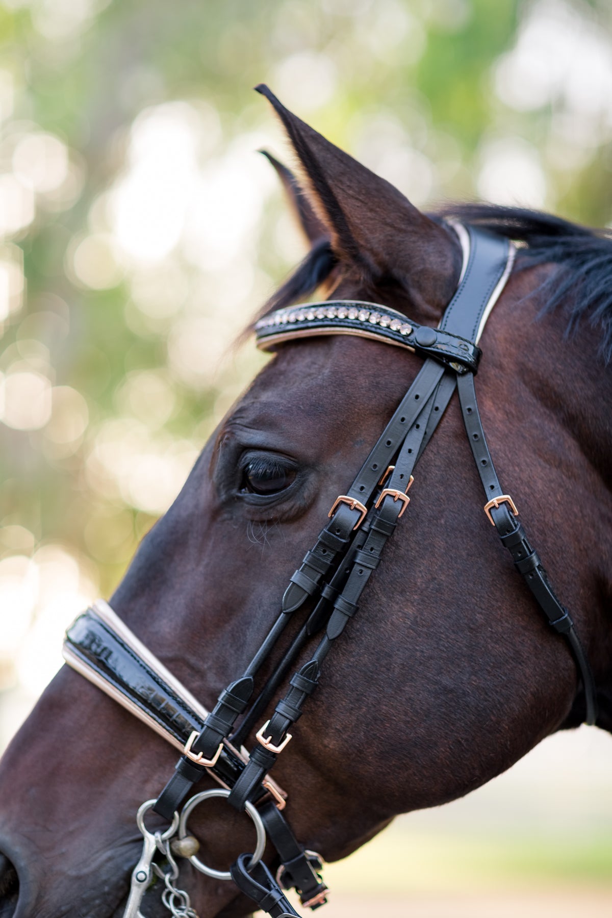 The Hollywood Black Patent Rose Gold Double Bridle