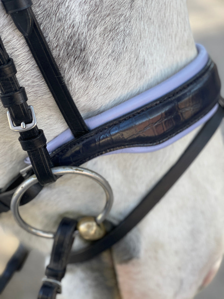 The Everly Indigo Blue Croc Leather Bridle with Lavender Padding