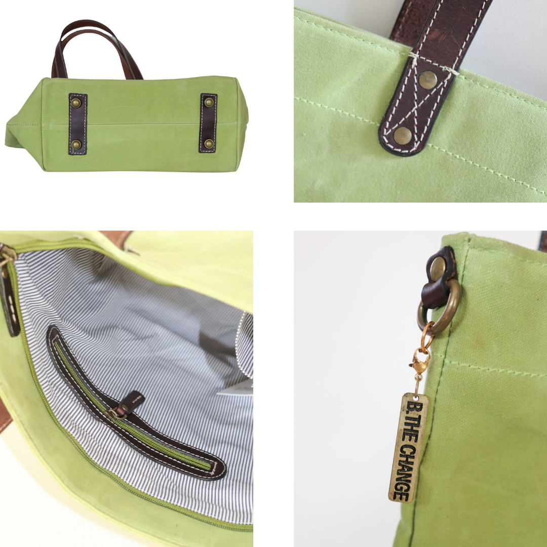 Alsace Waxed Canvas & Genuine Leather Tote Bag - Lime Green