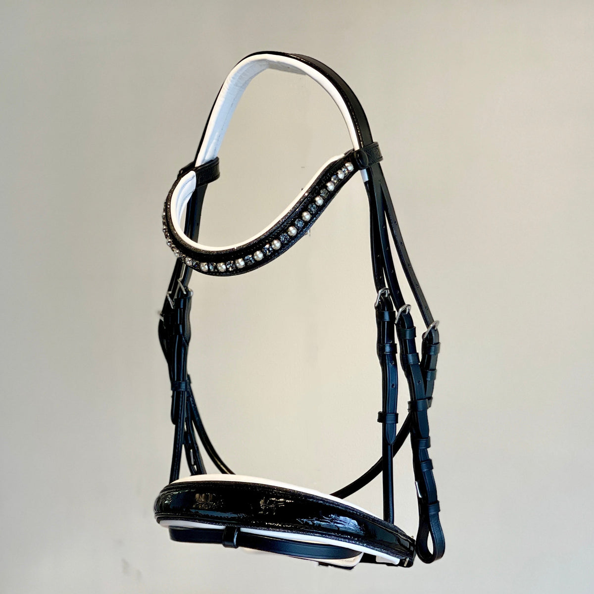 The Harlow Black Patent Snaffle Bridle with Removable Flash!
