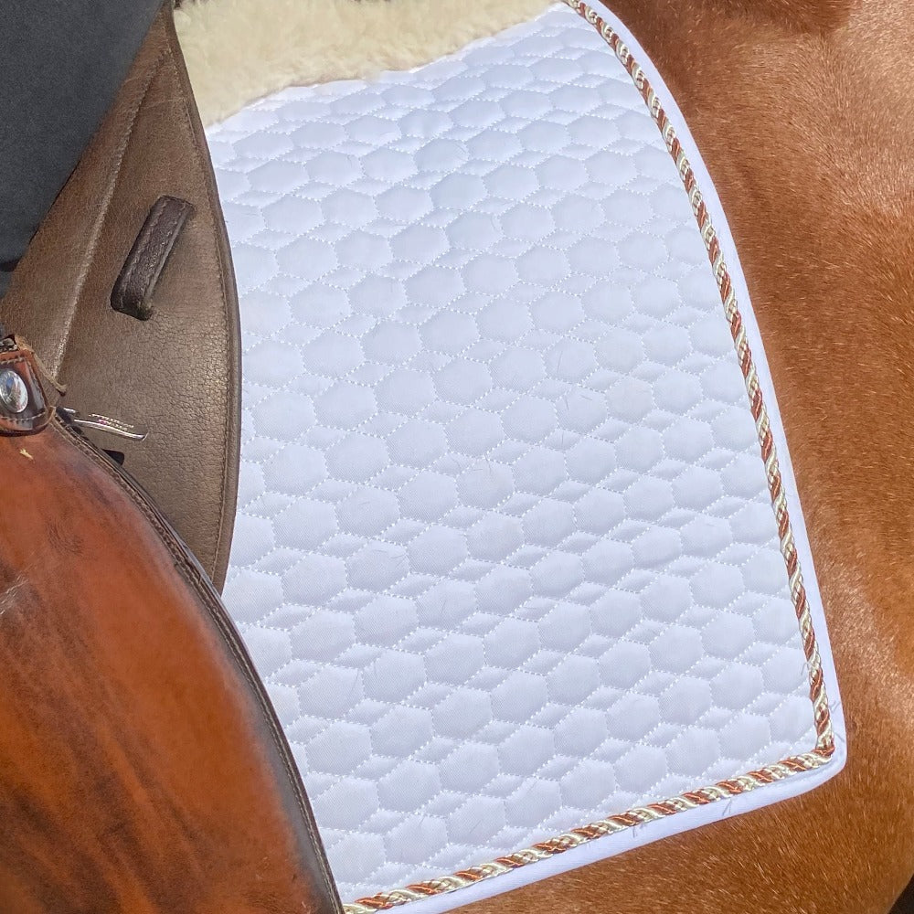 European Cotton Dressage Saddle Pad - White &amp; Rust Twist Trim
