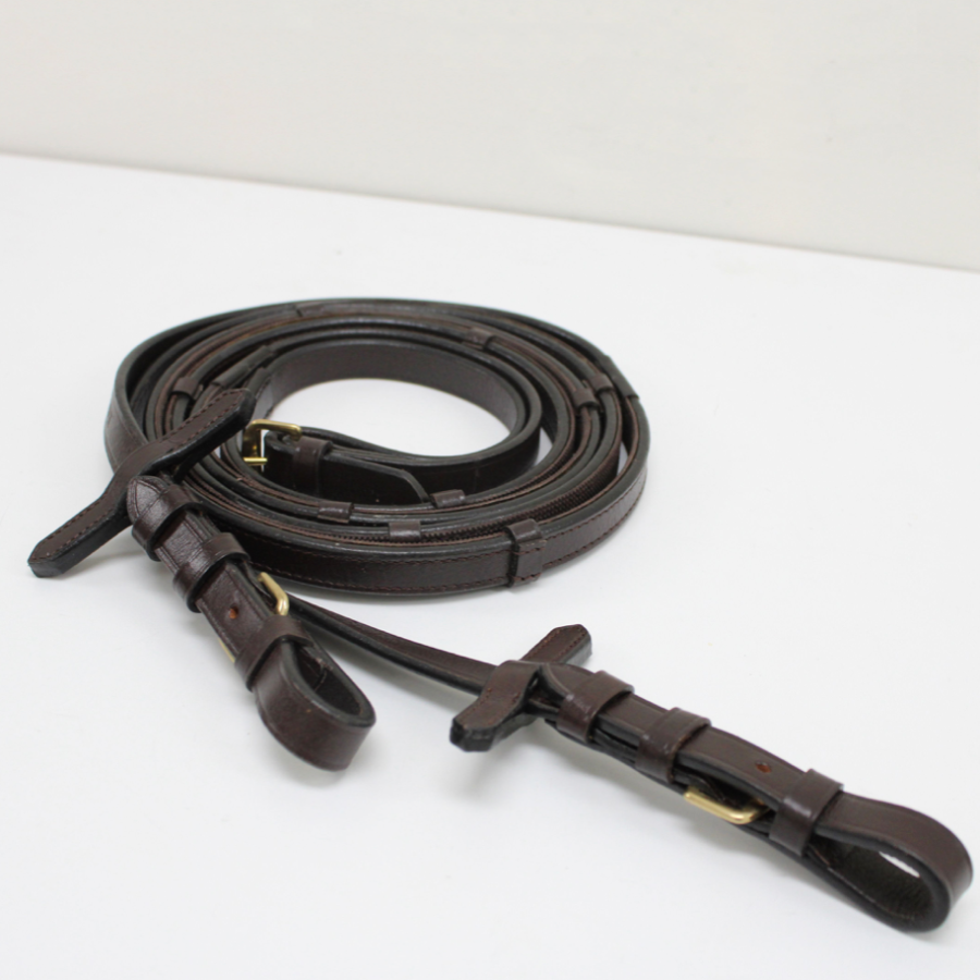 Brown Leather Rubber Lined Flat Reins With Stops and Brass Hardware