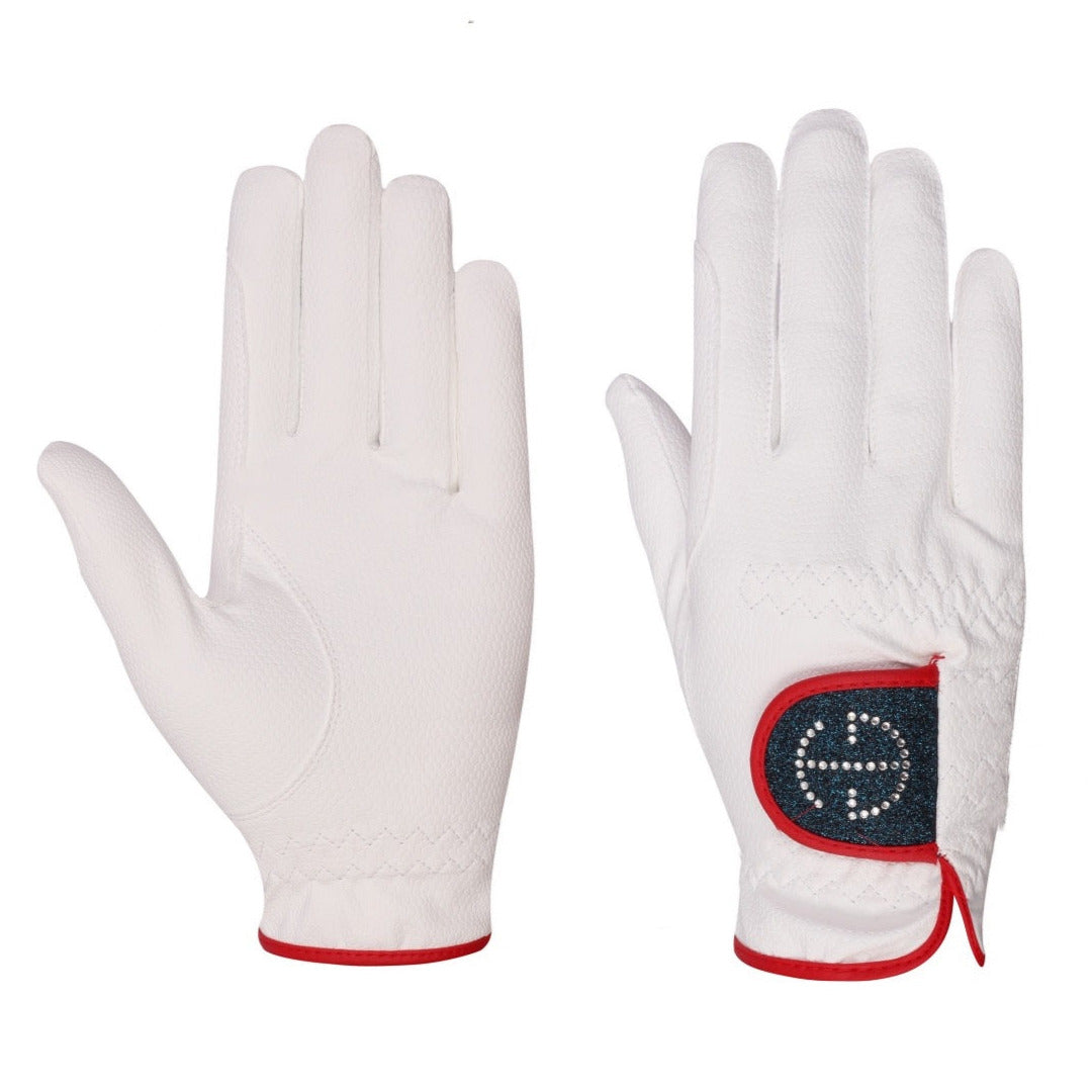 Halter Ego® Competition Gloves - Red/White/Bermuda Blue Glitter &amp; Crystal Logo