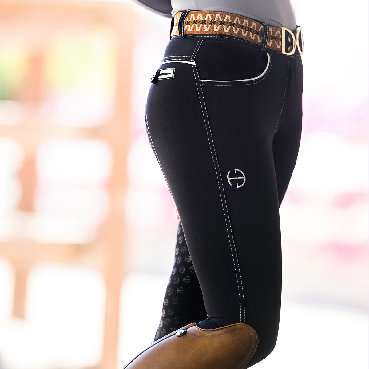 Molly - Black with White Piping Mid Waist Full Seat Breeches