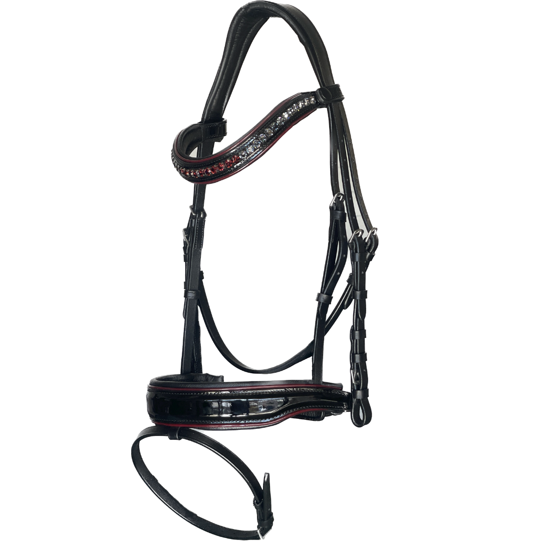 The Hayworth - Black Patent Snaffle with Burgundy Patent Piping &amp; Removable Flash