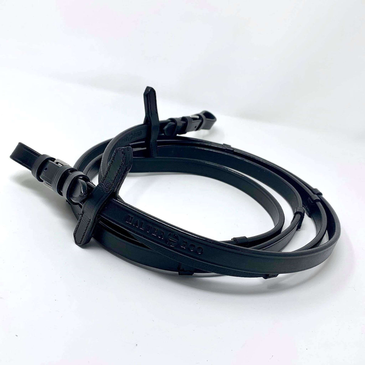 Black Flat Leather Rubber Lined Reins With Stops