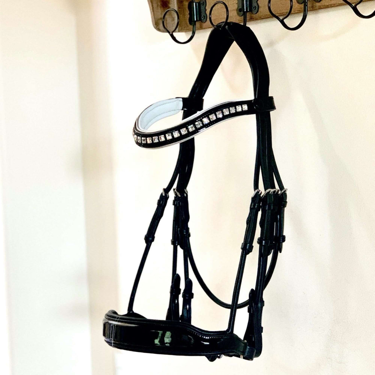 The Diana - Black Patent Rolled Leather Double Bridle