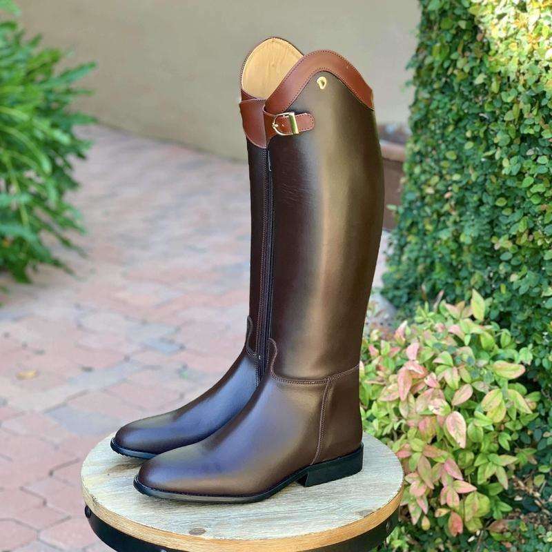 Derby Prestige Riding Boots - Brown Leather with Chestnut Polo Strap & Top Design.