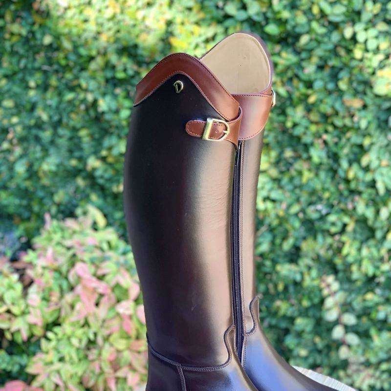 Derby Prestige Riding Boots - Brown Leather with Chestnut Polo Strap & Top Design.